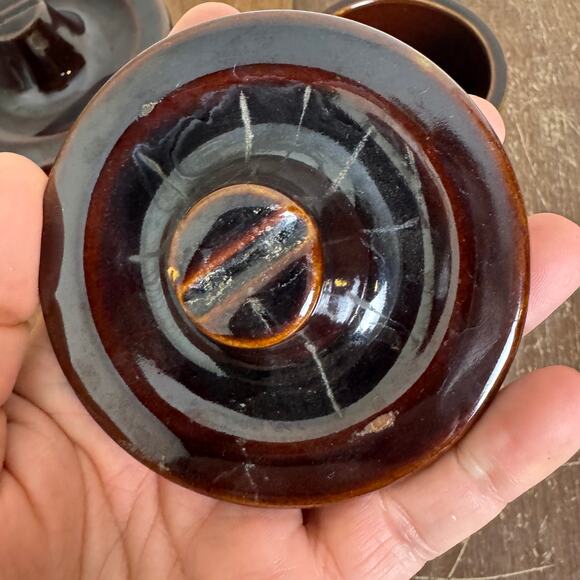 Pair (2) Brown Glazed Stoneware Crock Canisters with Bale hinge Lock lid - Picture 2 of 8